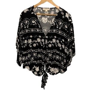 LOVE STITCH: Women's Boho Floral V-Neck Top - Tie Bottom, Half Flair Sleeve - L